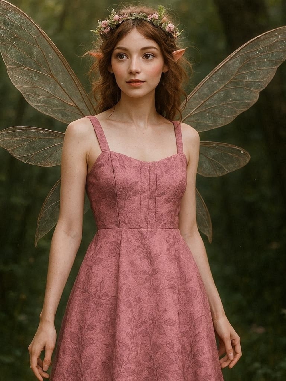 Fairycore Floral Leaf Print Dusty Rose Pink Sleeveless A-Line Dress Handmade